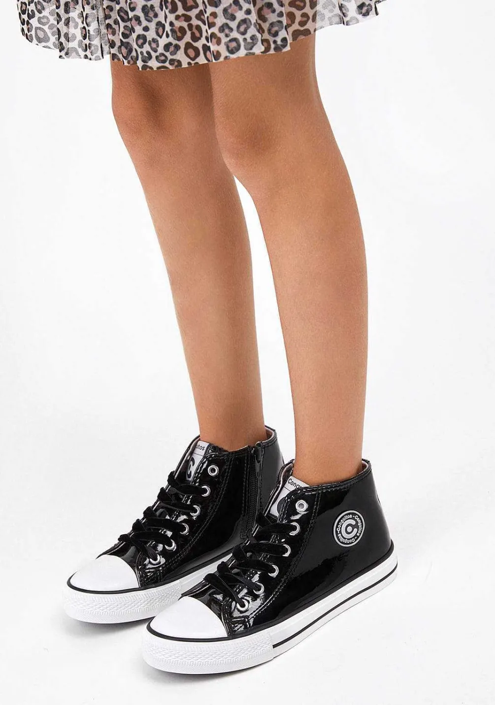Tênis Casuais-Conguitos Tênis Feminino Cano Alto Preto Couro Envernizado