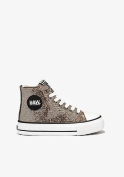 Tênis Casuais-Conguitos Tênis Feminino De Cano Alto Com Brilho Dourado Preto E Branco