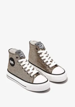Tênis Casuais-Conguitos Tênis Feminino De Cano Alto Com Brilho Dourado Preto E Branco