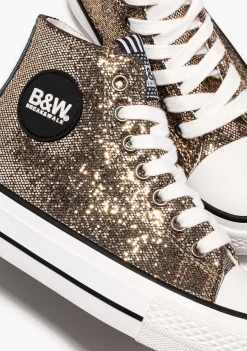 Tênis Casuais-Conguitos Tênis Feminino De Cano Alto Com Brilho Dourado Preto E Branco