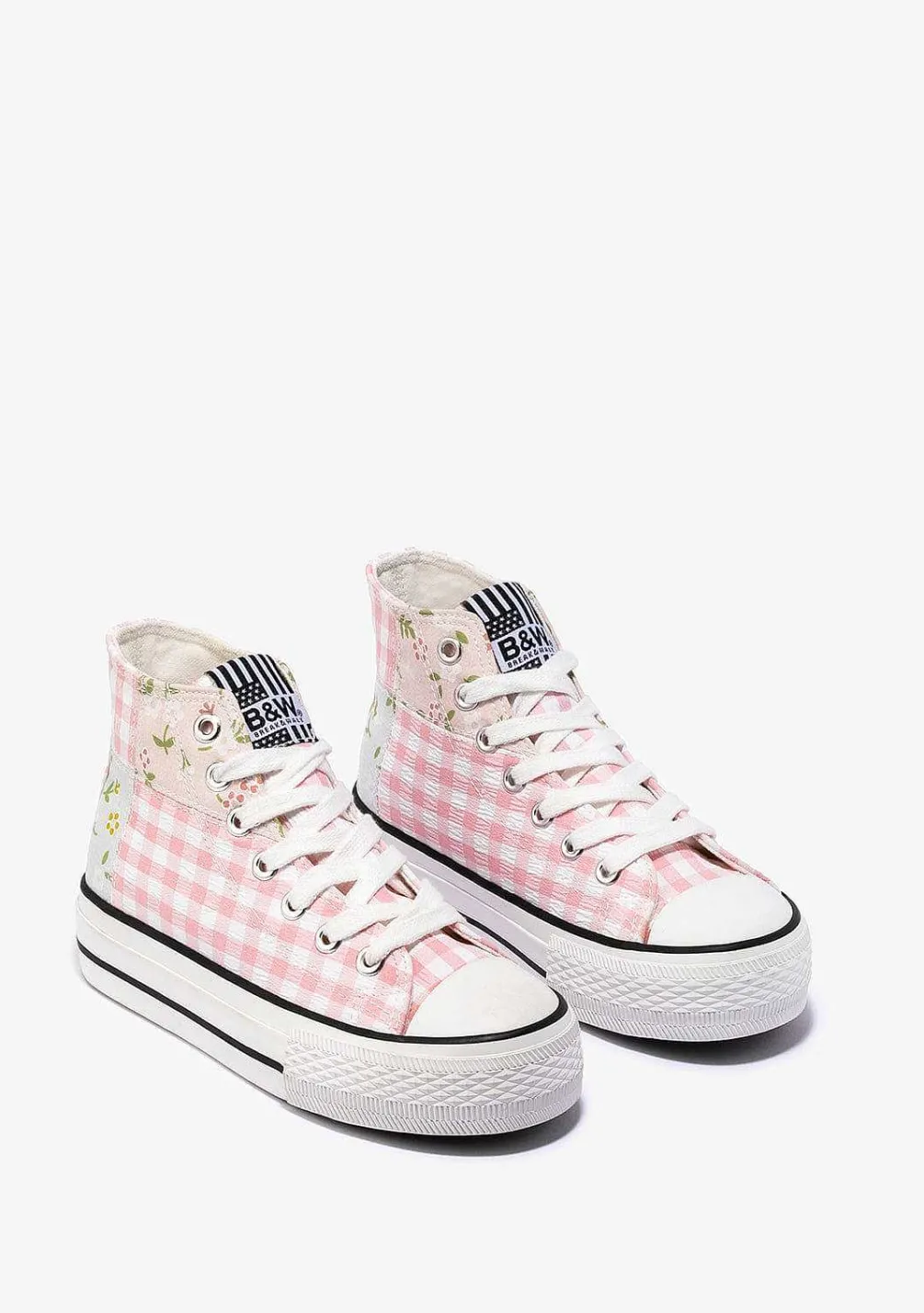 Tênis Casuais-Conguitos Tênis Feminino Flores Vichy Hi-Top Lona Preto E Branco
