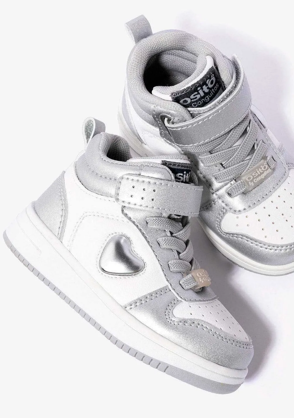 Tênis Com Luzes-Conguitos Tênis Hi-Top Prateado/Branco Com Luzes Para Bebé
