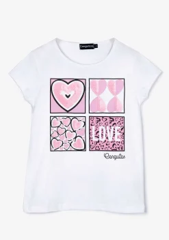 Camisetas-Conguitos T-Shirt Branca Com Coracoes De Lantejoulas Para Menina