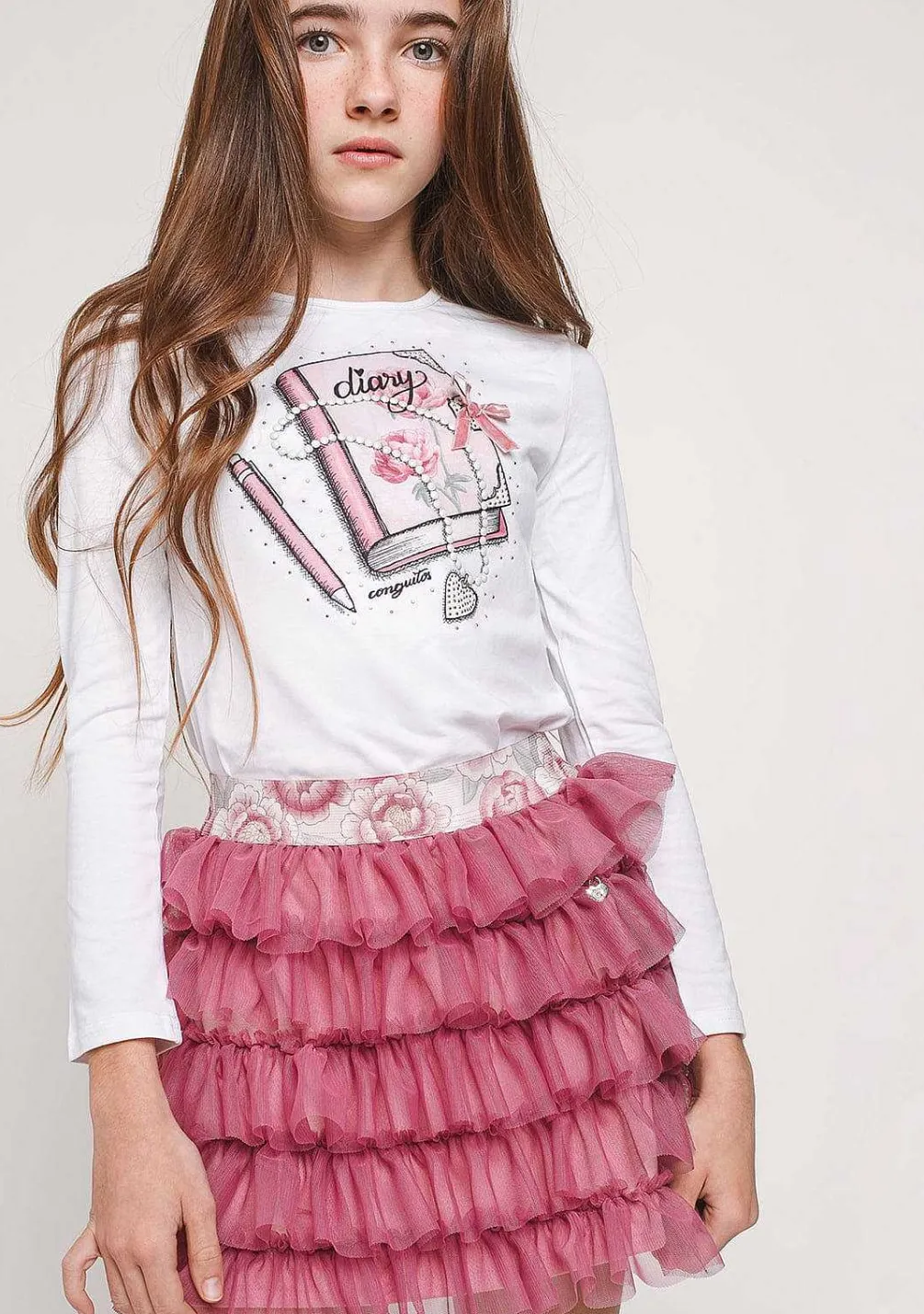 Camisetas De Manga Comprida-Conguitos T-Shirt Branca "Diario" De Menina