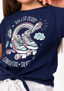Camisetas-Conguitos T-Shirt Com No De Rolo Azul Marinho Para Menina