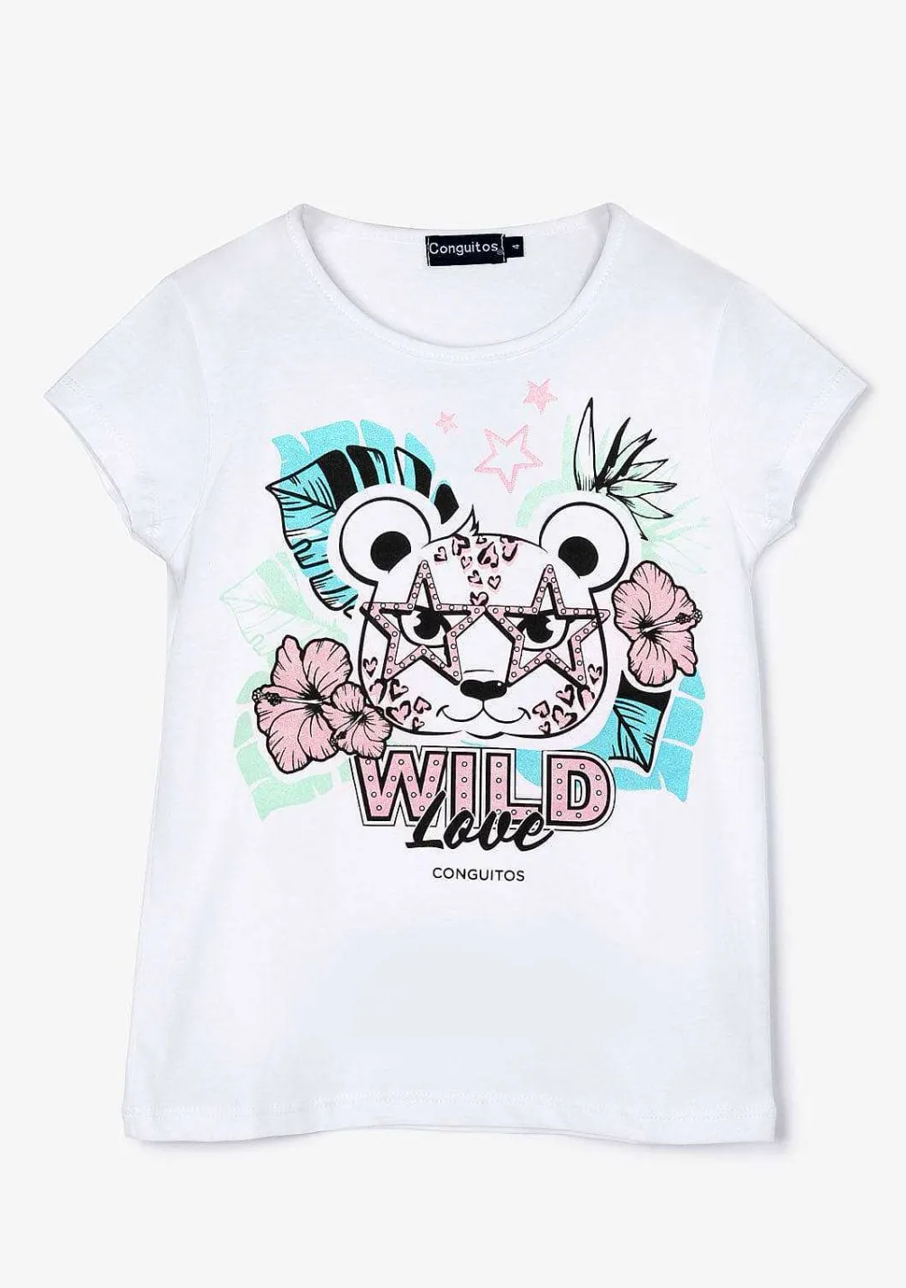 Camisetas-Conguitos T-Shirt Leopardo Com Brilho Branco Para Menina