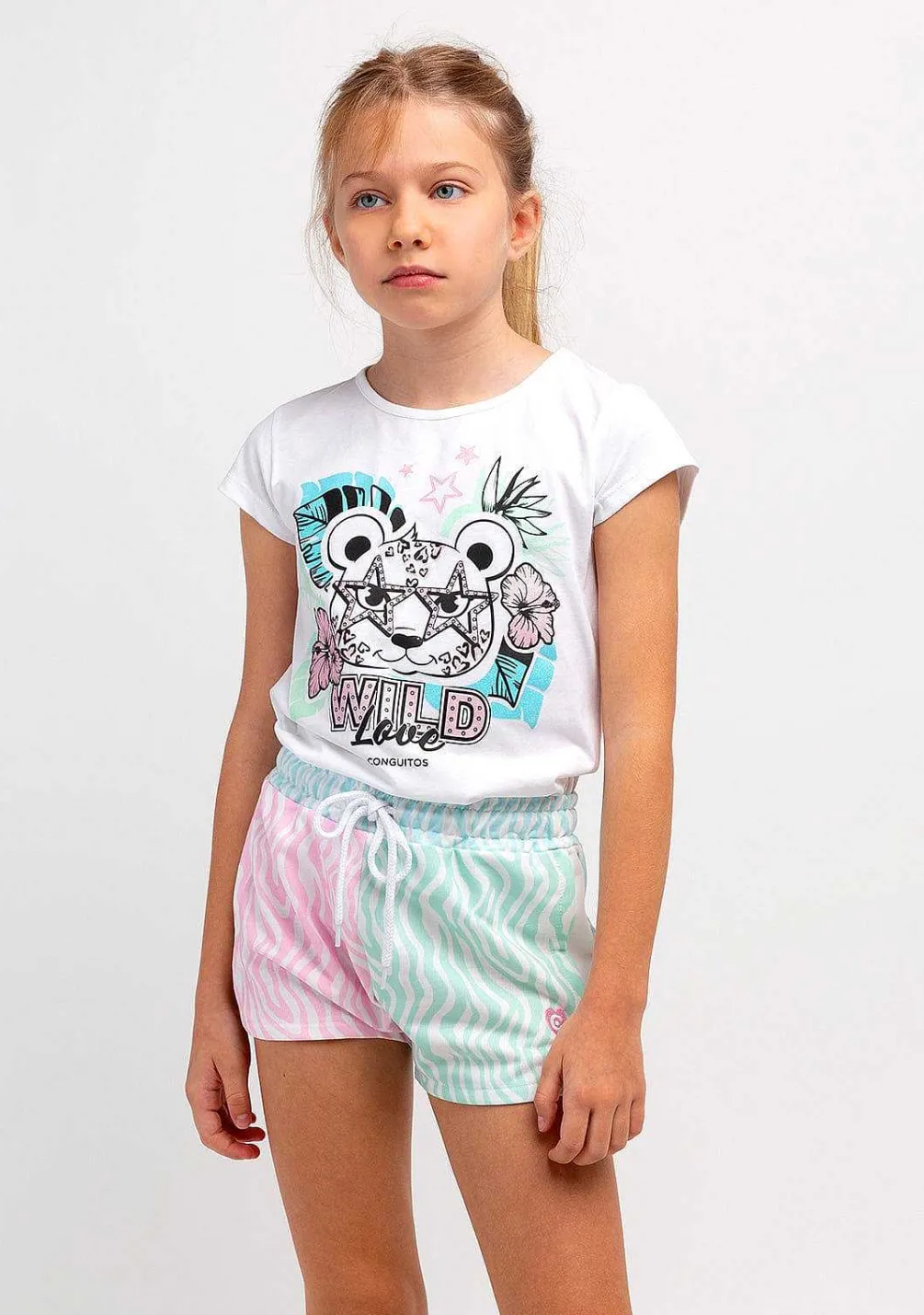 Camisetas-Conguitos T-Shirt Leopardo Com Brilho Branco Para Menina
