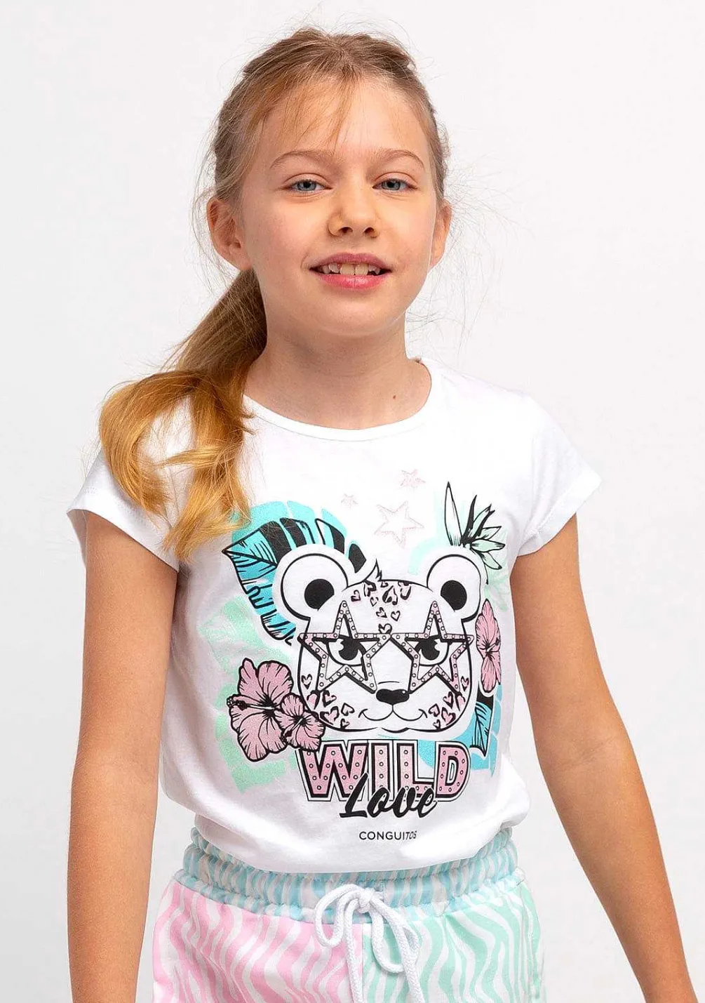 Camisetas-Conguitos T-Shirt Leopardo Com Brilho Branco Para Menina