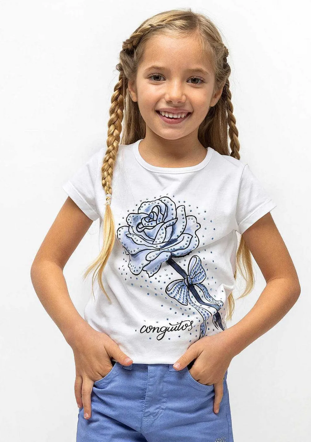 Camisetas-Conguitos T-Shirt Menina Em Strass Azul Claro "Rose"