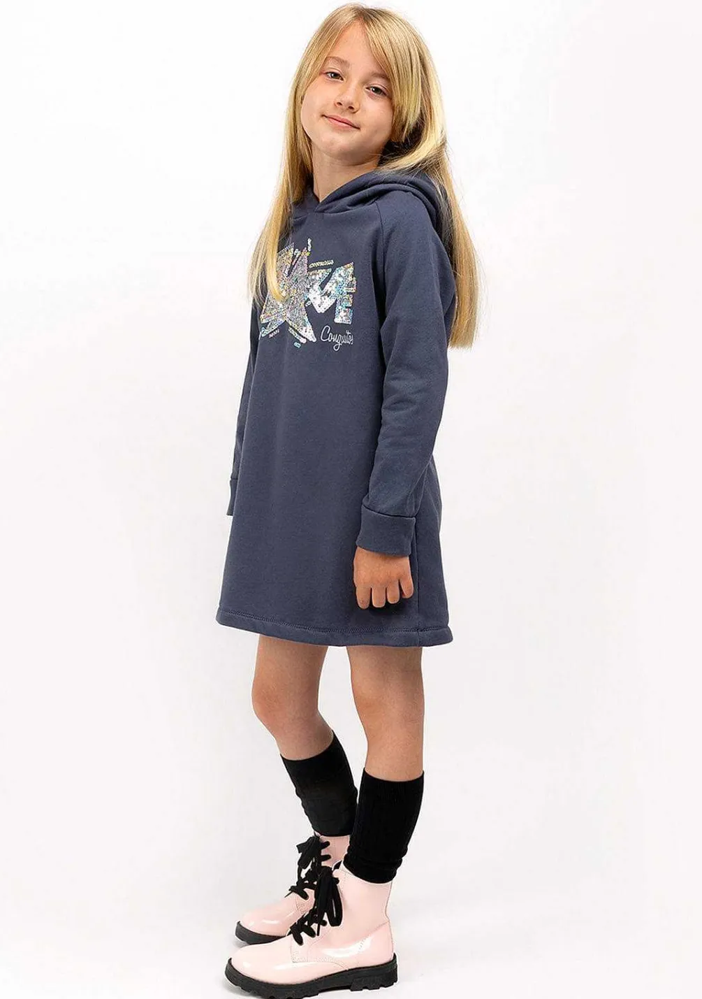 Vestido Moletom-Conguitos Vestido Cinzento Com Capuz De Menina