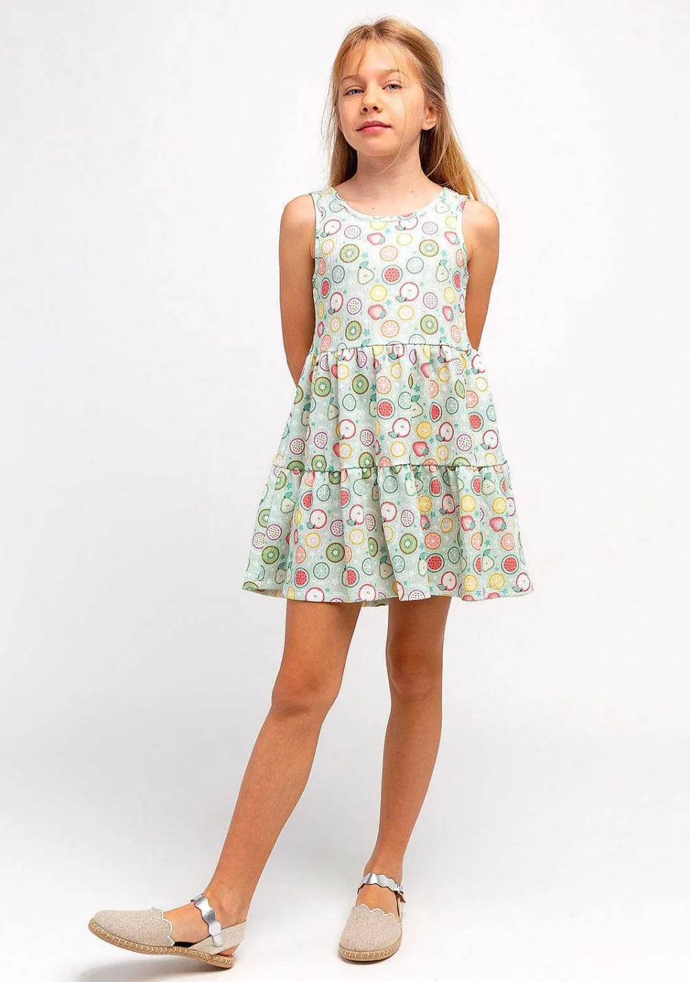 Roupas De Menina-Conguitos Vestido Menina Estampado Frutas Menta
