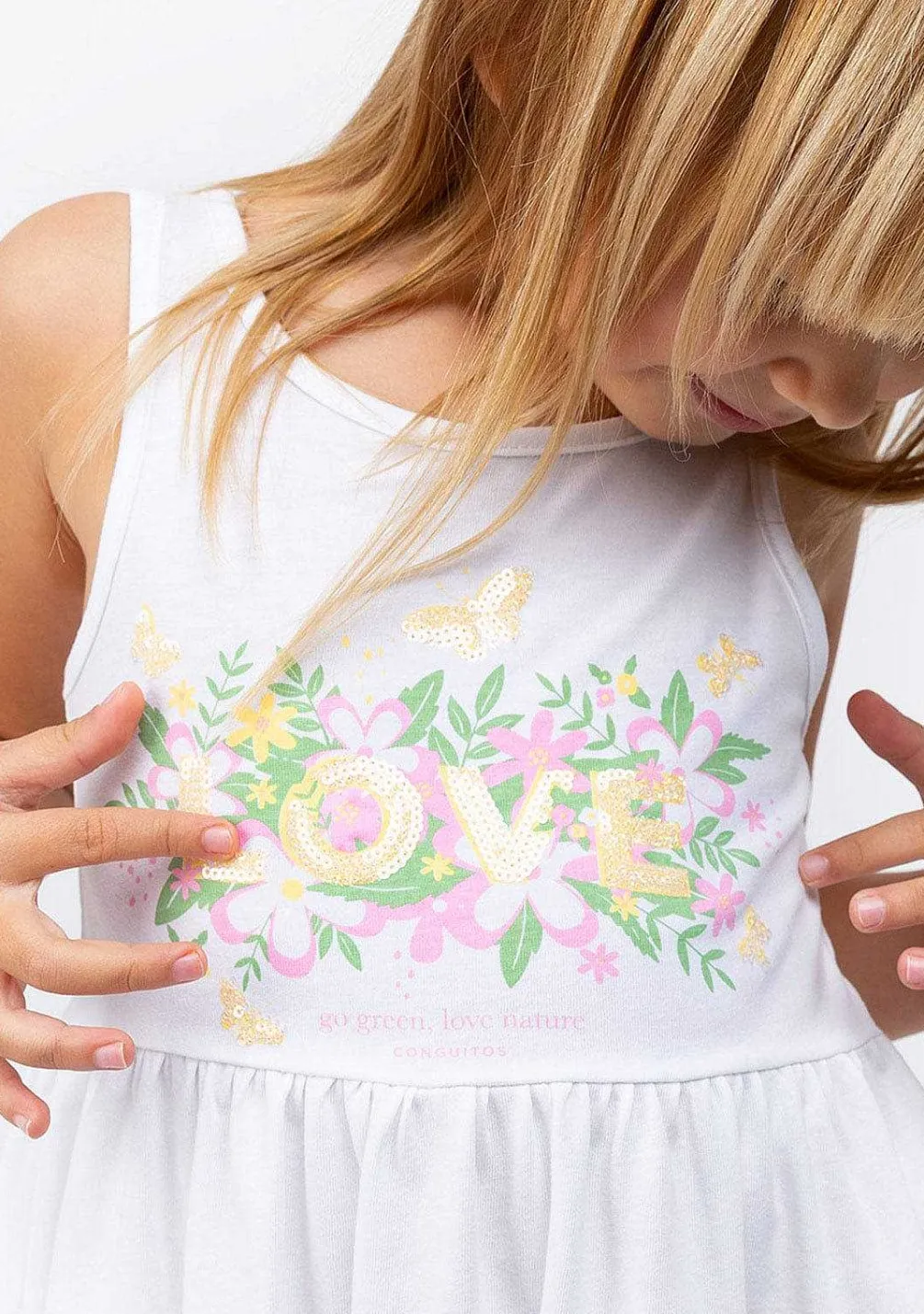 Roupas De Menina-Conguitos Vestido De Menina Branco Love Nature Com Babados