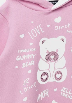 Vestido Moletom-Conguitos Vestido Feminino Com Capuz E Strass Urso Rosa