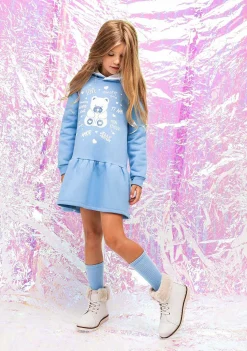 Vestido Moletom-Conguitos Vestido Feminino Com Capuz E Strass Urso Azul