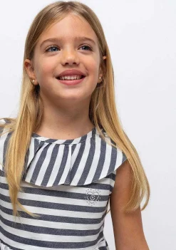 Vestidos-Conguitos Vestido Listrado Azul Marinho Feminino Com Babados