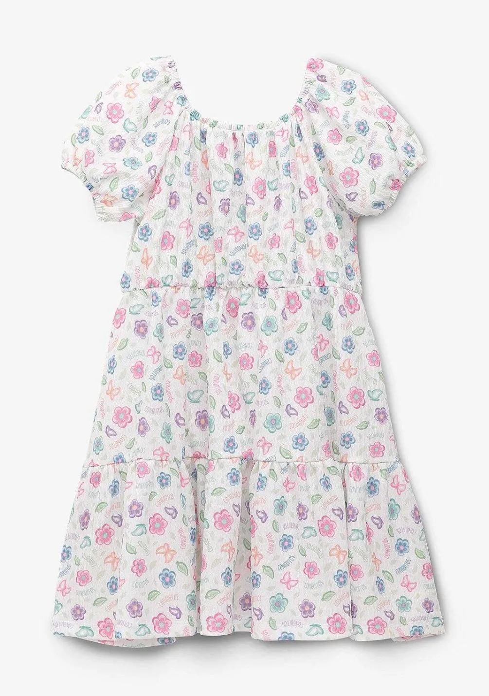 Roupas De Menina-Conguitos Vestido Menina Branco Estampado Flores